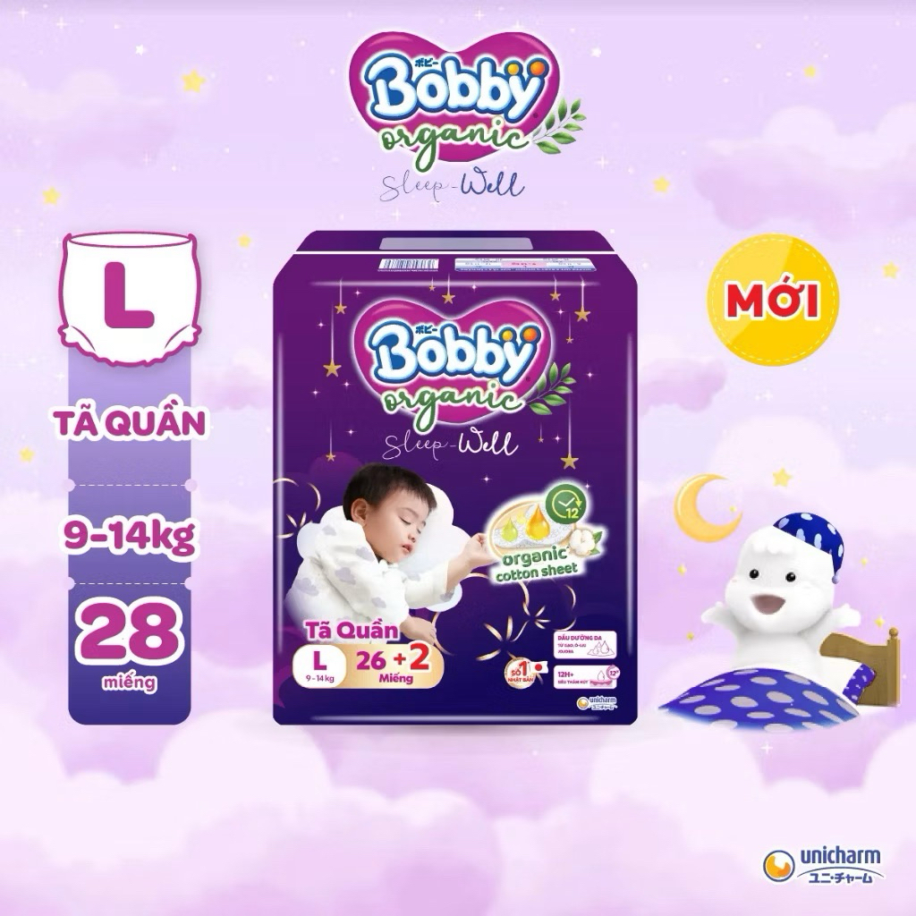Tã quần ban đêm Bobby Organic Sleep Well cao cấp chính hãng size L 26 miếng ( 9-14kg)