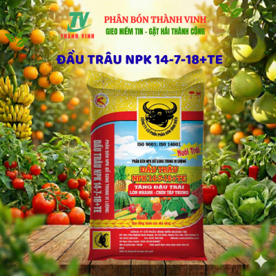 Phân bón NPK Đầu Trâu 14-7-18+TE chứa hàm lượng N-P-K-S cao Tăng đậu trái (chia từ bao 25kg)