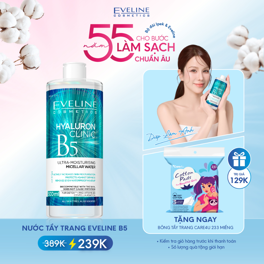 [EVELINE x DLA] Nước tẩy trang Eveline Cosmetics B5 Hyaluron Clinic giúp làm sạch, dưỡng ẩm da 500ml