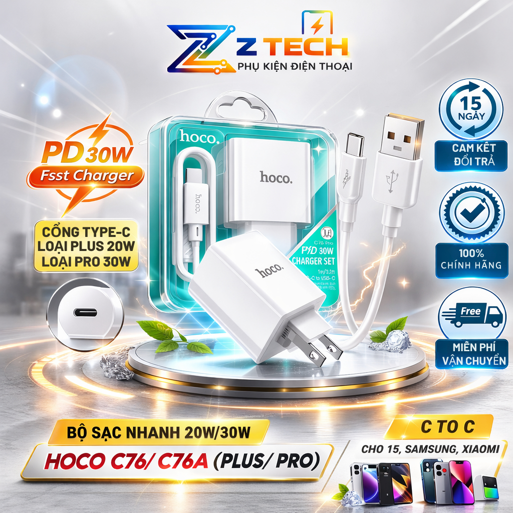 Bộ Sạc Nhanh PD 20W/ 30W Cho 8/8P X/Xs 11/12/ 13/14 Pro/ProMax Hoco C76/C76A Plus Chuẩn Type-C, Đầu 