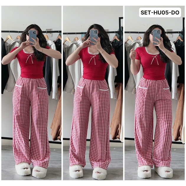 Set bộ áo viền ren nơ phối quần caro cạp trắng bo chun lưng cao ống rộng nhiều màu basic by 9397shop