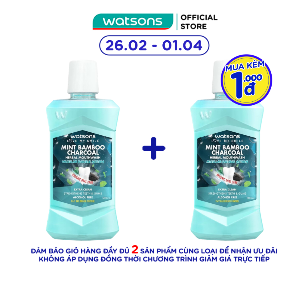 Nước Súc Miệng Watsons Mint Bamboo Charcoal Herbal Mouthwash 500ml