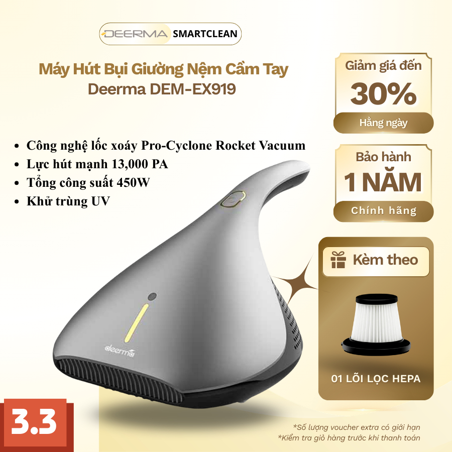 Máy Hút Bụi Giường Nệm DEERMA EX919 (13,000 Pa) - Đèn UV diệt khuẩn, Tự ngắt điện - Bảo hành 1 Năm