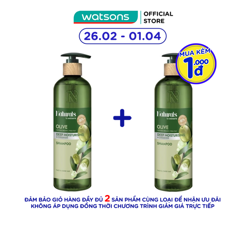 Dầu Gội Naturals By Watsons Deep Moisturishing Dưỡng Ẩm Sâu Chiết Xuất Olive 490ml