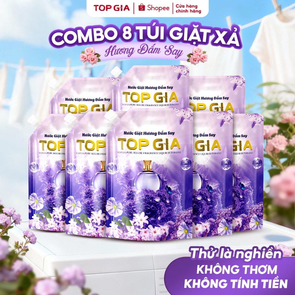 [Combo 8 Túi] Nước giặt xả TOPGIA hương đắm say, hoa nắng dịu nhẹ tẩy sạch vết bẩn lưu hương 72H