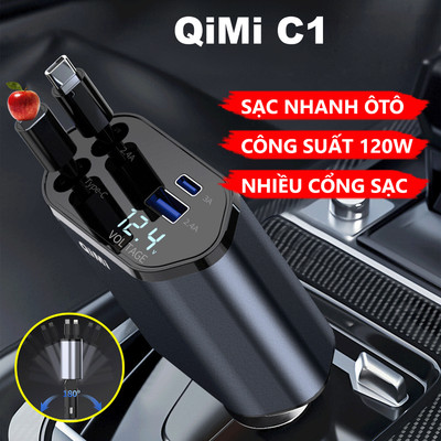 Bộ Sạc Nhanh 120W Xe Hơi QiMi C1 - 4 Cổng Sạc Cùng Lúc, Gập 180°, Màn LED Hiển Thị, Dây Rút Thu Gọn