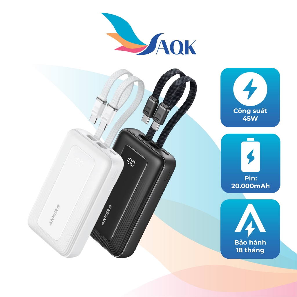 Sạc dự phòng Anker Zolo Power Bank 1USB 2Type-C 45W 20000mAh A1681C - Hàng chính hãng