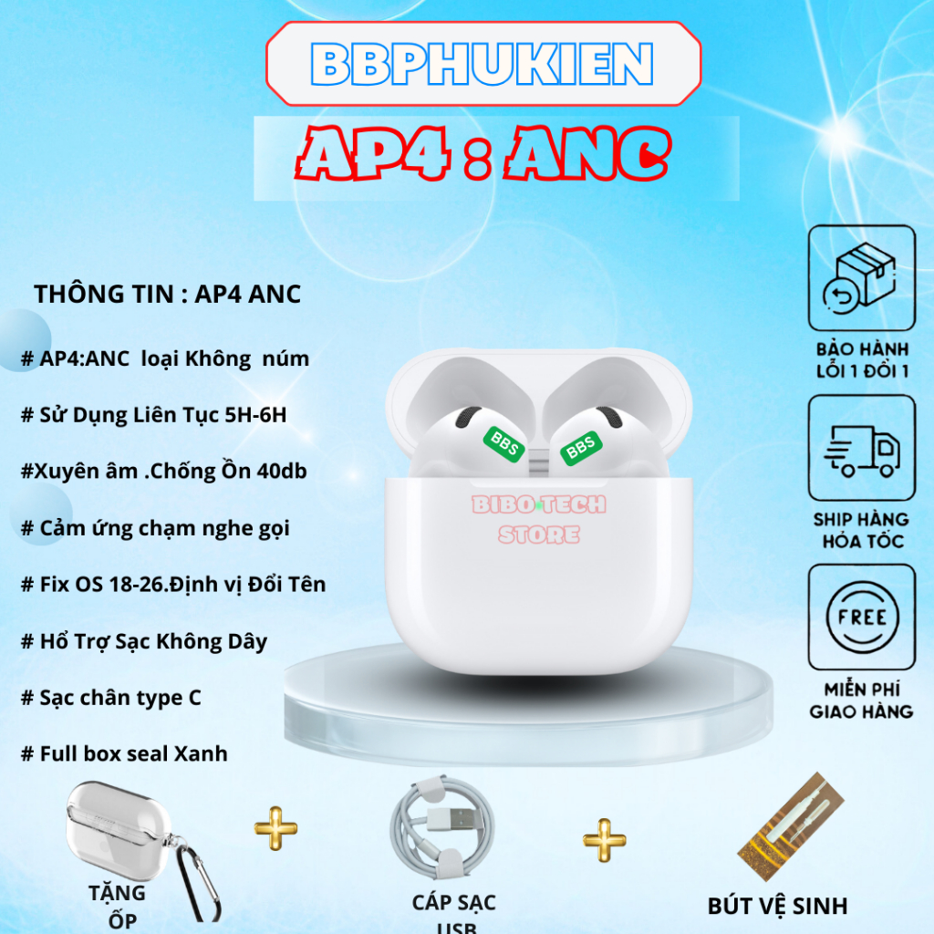 Tai Nghe Không Dây AP4| ANC Giảm Ồn | BT 5.3 | Mic ENC | Tặng Ốp + Cáp Sạc | Bảo Hành 6 Tháng