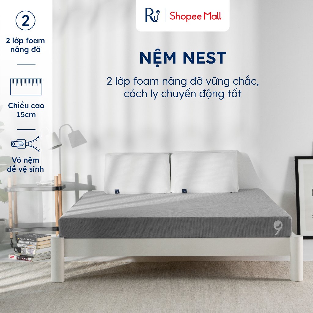 Nệm Foam Nest Ru9 15cm | Ngăn Cách Chuyển Động | 2 Lớp Foam Nâng Đỡ Vững Chắc | Đủ Kích Thước