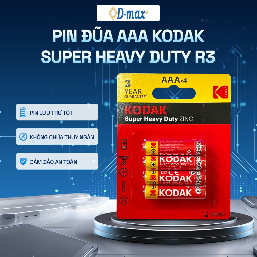 Pin Đũa AAA KODAK Carbon Super Heavy Duty R3 – Pin Than Kinh Tế, Dùng Hàng Ngày, Chính Hãng - 4 Viên