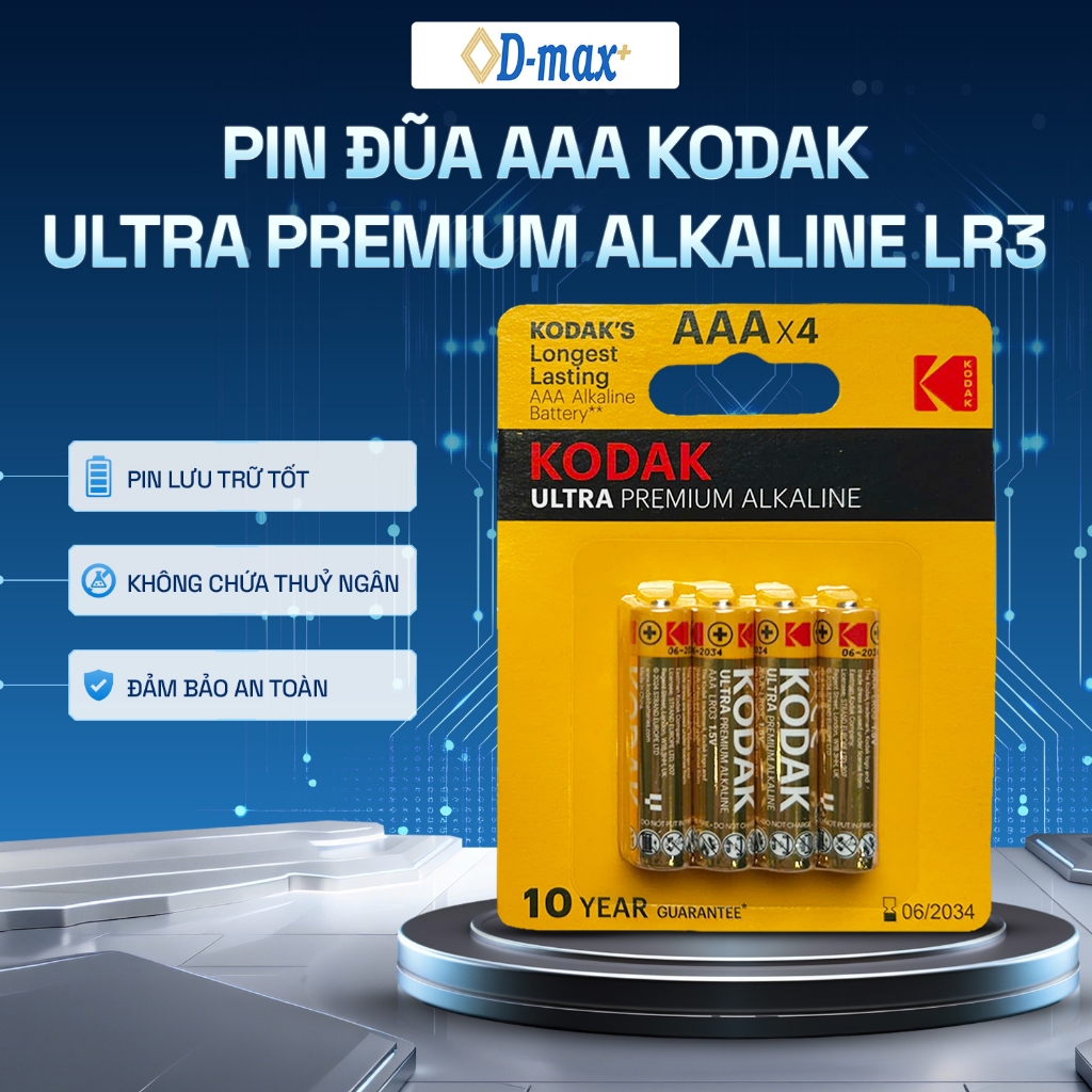 Pin Đũa AAA KODAK Ultra Premium Alkaline LR03 – Pin Kiềm Cao Cấp, Bền Bỉ, Chính Hãng - Vỉ 2 / 4 Viên
