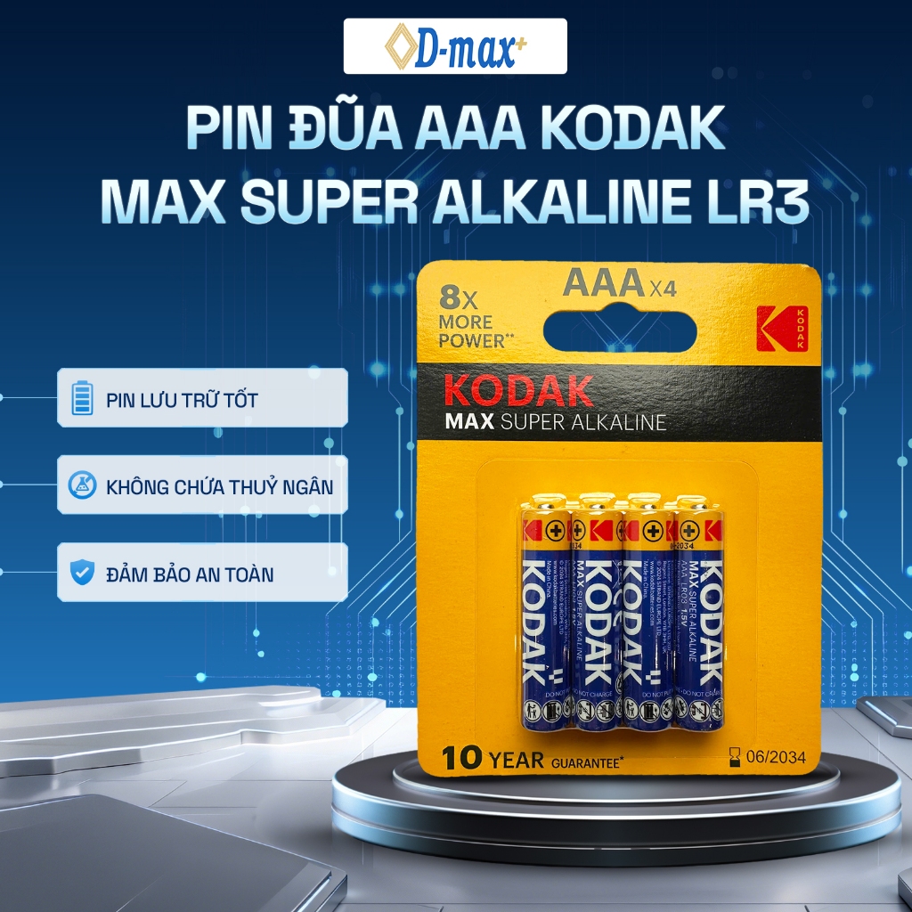 Pin Đũa AAA KODAK Max Super Alkaline LR03 – Pin Kiềm Bền Bỉ, Ổn Định, Chính Hãng - Vỉ 2/4 Viên