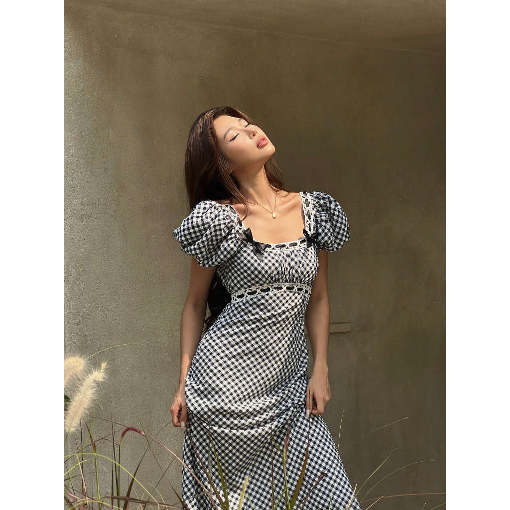 Fiona Dress (Navy Gingham) - Đầm Maxi Caro Xanh Trắng Tay Phồng Dáng Dài