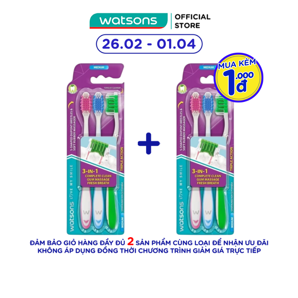 Bàn Chải Đánh Răng Watsons Triple Action Toothbrush (Medium) 3s