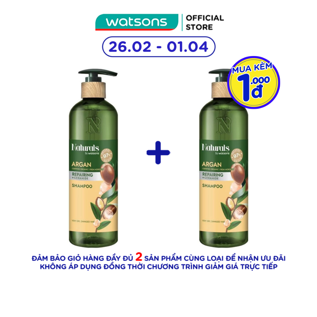 Dầu Gội Naturals By Watsons Repairing Phục Hồi Tóc Hư Tổn Chiết Xuất Dầu Argan 490ml.