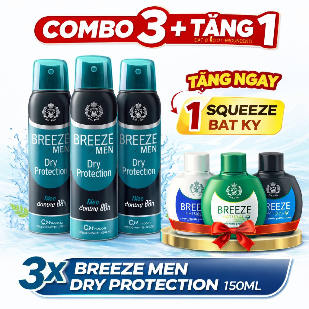 Combo 3 Xịt Khử Mùi Nam Hương Nước Hoa Breeze Men Dry 150ml + Tặng 1 Breeze Squeeze