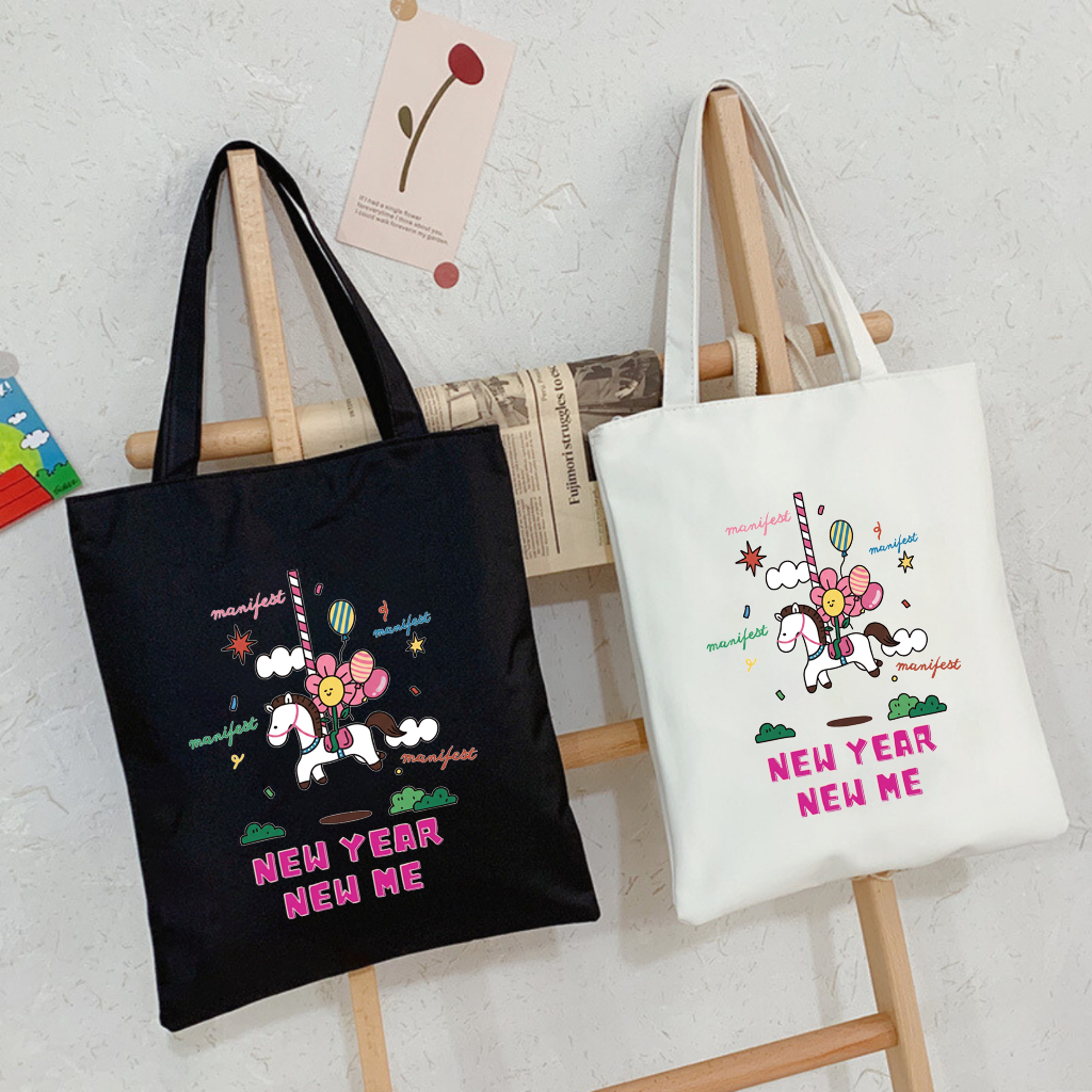 Túi tote, Túi vải bố canvas cotton New year new me đeo vai đi học đi chơi thời trang đựng vừa A4 - t