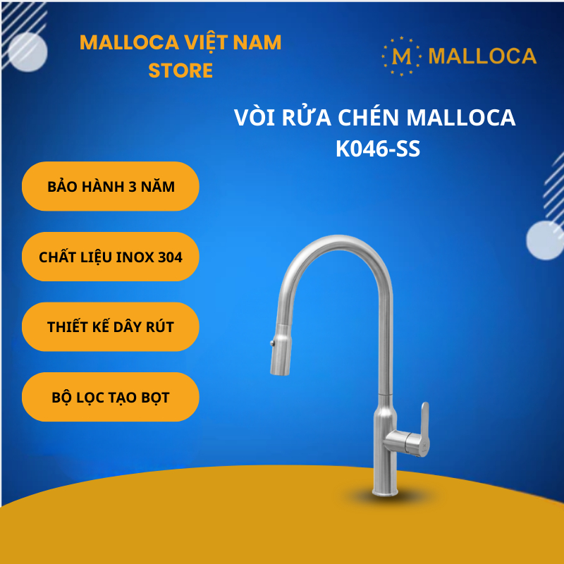 Vòi Rửa Chén Malloca K046-SS – Thiết Kế Dây Rút Hiện Đại – Chất Liệu Inox 304 Bền Bỉ