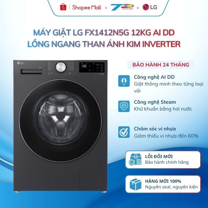 Máy giặt LG FX1412N5G 12kg AI DD lồng ngang màu than ánh kim Inverter|Lđặt nội thành HN và quanh LB
