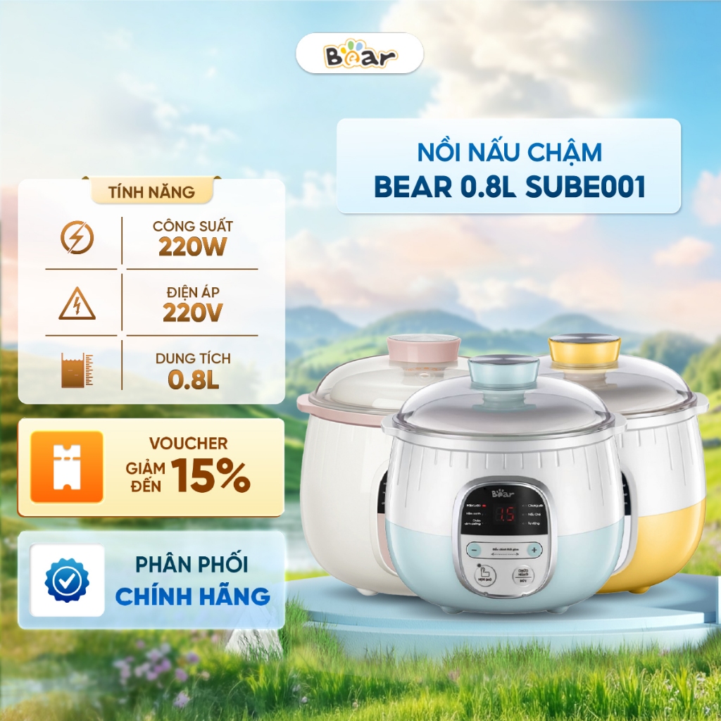 [Deal mở bán] Nồi nấu chậm Bear 0.8L SUBE001 200W - Lồng hấp PP, lõi sứ - Bảng điều khiển Tiếng Việt