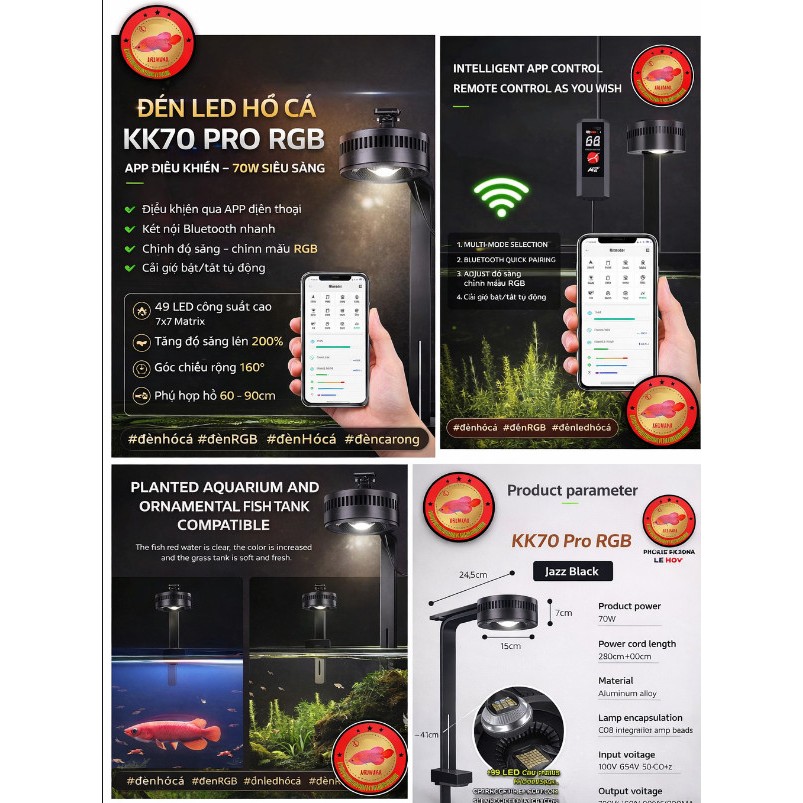 Đèn Rọi Hồ Cá KK70 Pro RGB 70W – Điều Khiển APP – Chỉnh Màu RGB – Có Giá Treo