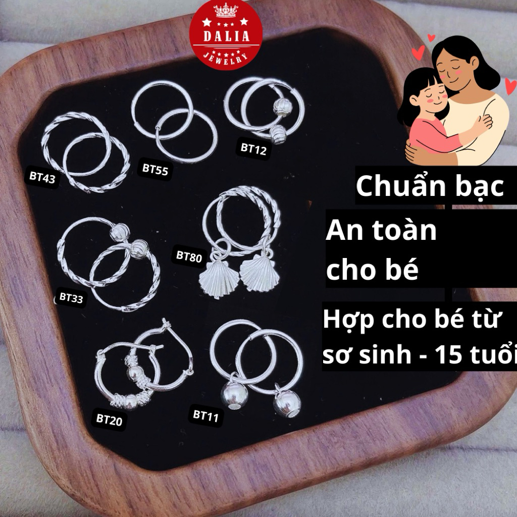 Bông tai bạc bé gái chuẩn bạc ta DaLiA Jewelry khuyên tai bạc trẻ sơ sinh, tùng teng chuẩn bạc cho b