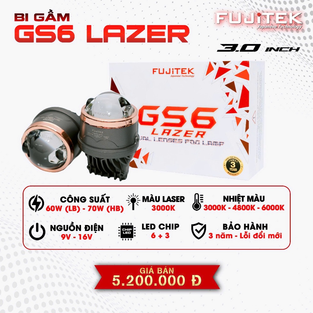 Đèn bi gầm Fujitek GS6 3.0inch dành cho oto, xe máy, Bi gầm LED 3 màu, công nghệ laser - BH 2 năm