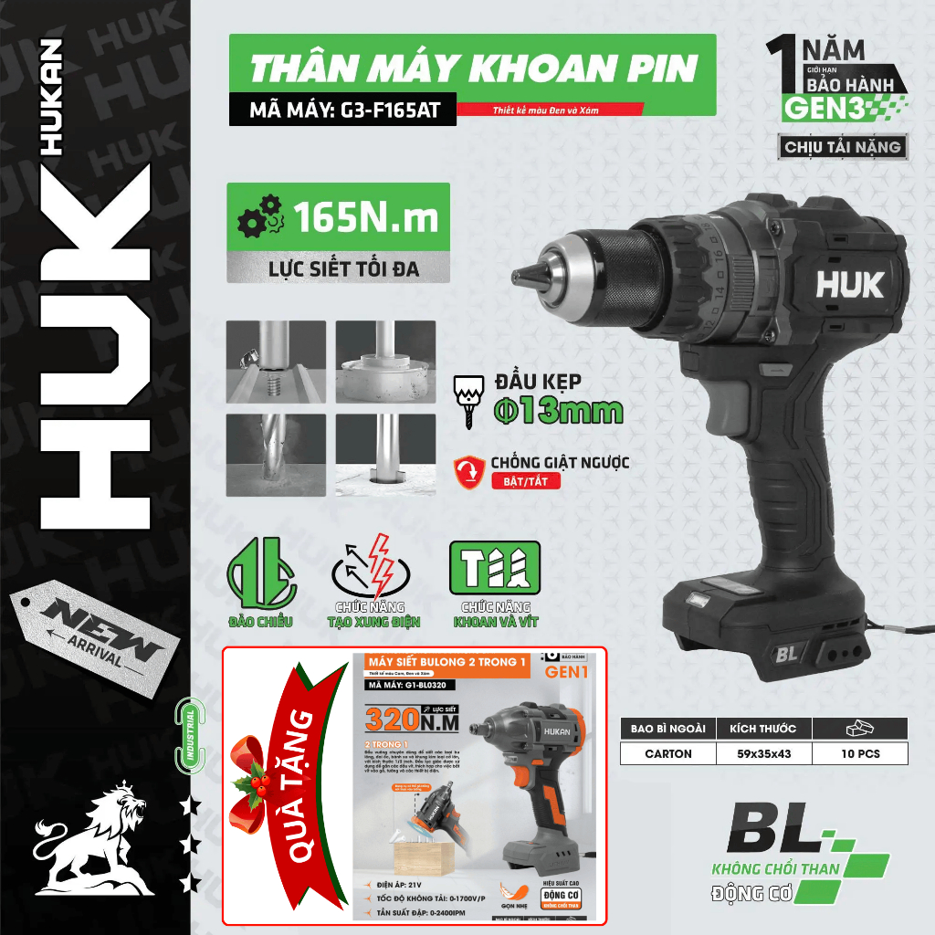 Máy Khoan Pin 13mm Hukan HUK F165 AT Tặng Thân Bulong Hukan Lực Siết 165N Anti Kickback, Tạo Xung , 