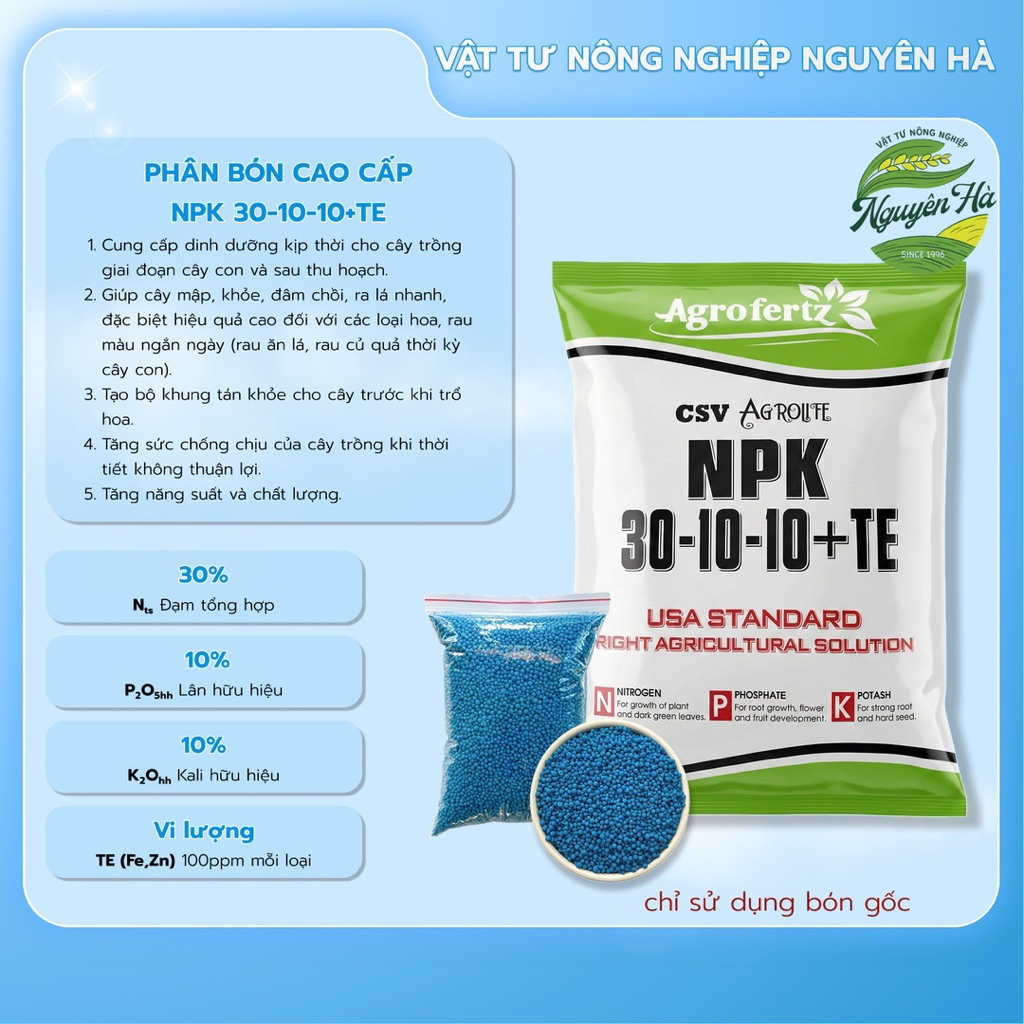 Lẻ 1kg phân bón NPK 30-10-10 + TE Agrolife