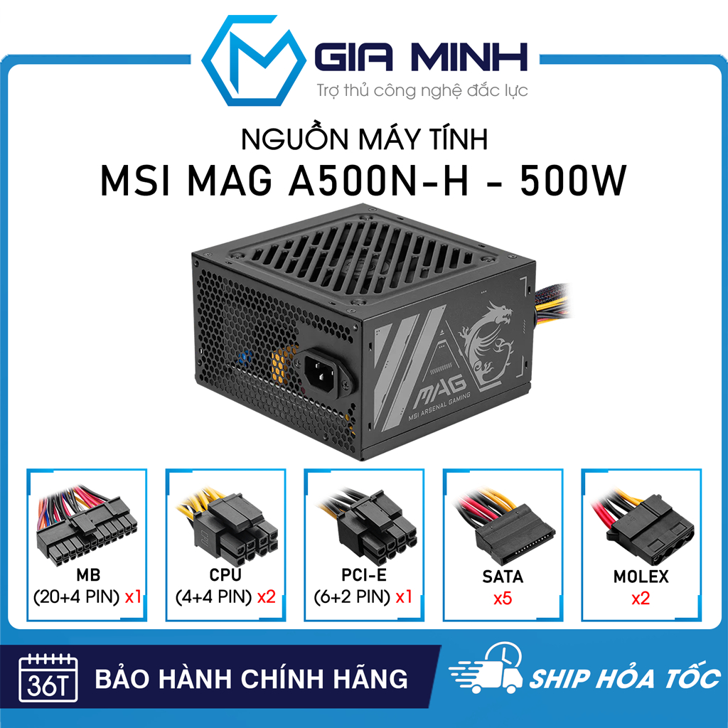 Nguồn Máy Tính MSI MAG A500N-H - 500w - Công Suất Thực - Full VAT - Bảo Hành 36 Tháng