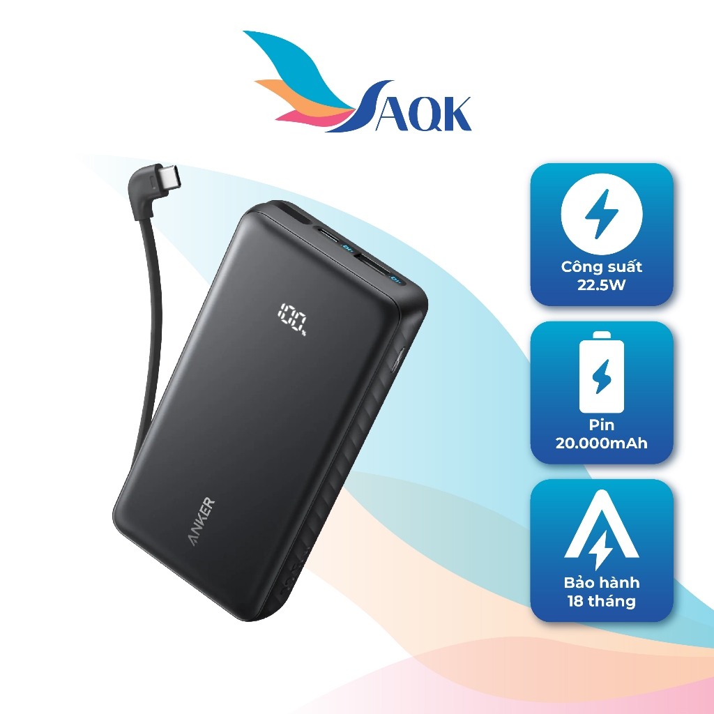 Sạc dự phòng Anker Zolo Power Bank Built-In 90° Cable 1USB 1Type-C 22.5W 20000mAh A110E - Hàng chính