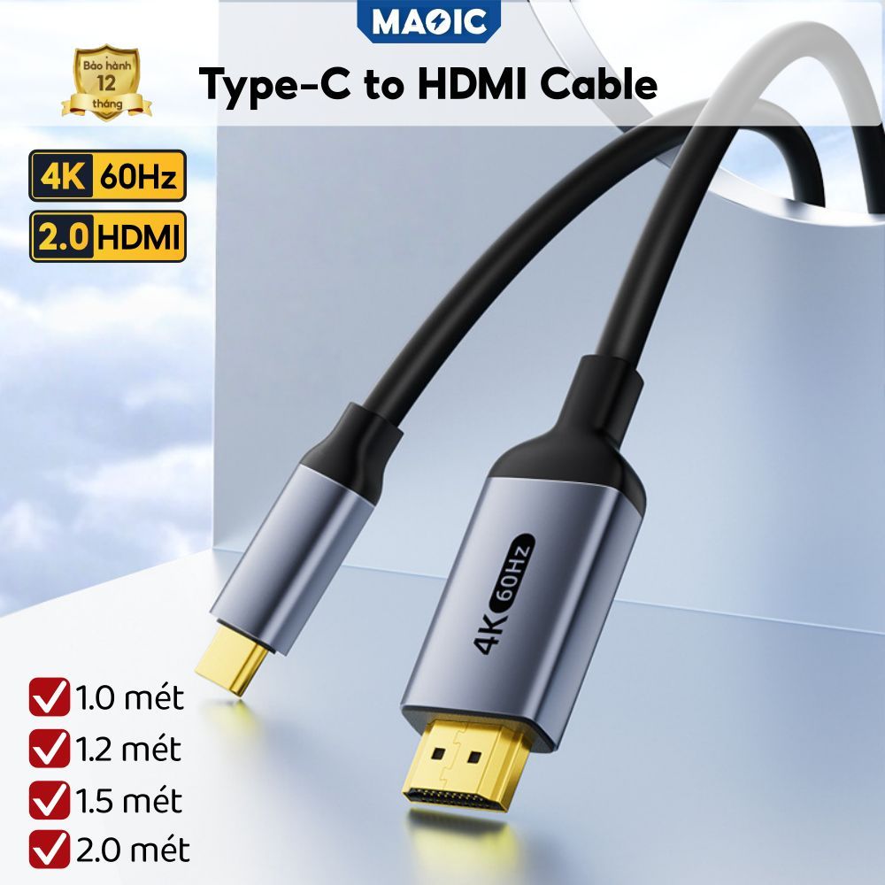 Cáp Type-C to HDMI 2.0 cable 4K@60Hz dài 1-2 mét đầu kim loại cho Usb C Macbook, iPad, Laptop