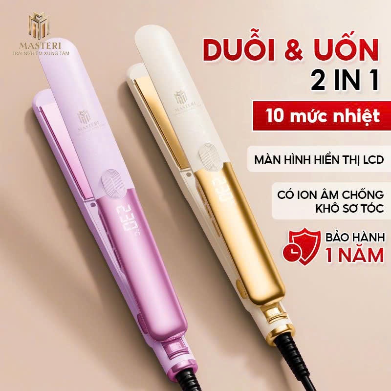 Máy duỗi tóc ép thẳng 2in1 MASTERI tạo kiểu thẳng xoăn có ion âm, chống bỏng và đèn hồng ngoại bảo vệ tóc