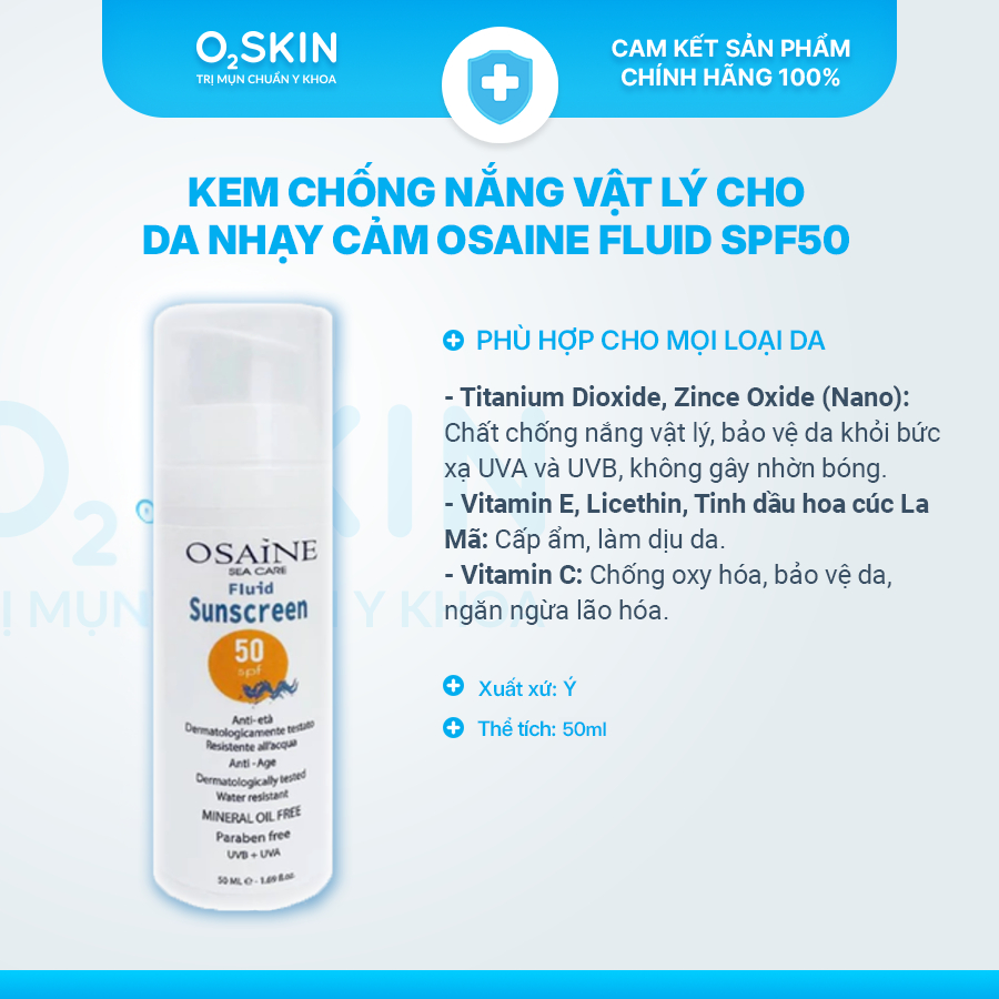 Kem chống nắng yến mạch Osaine Fluid Sunscreen SPF50+ 50ml - Dưỡng sáng da ngăn dầu mụn