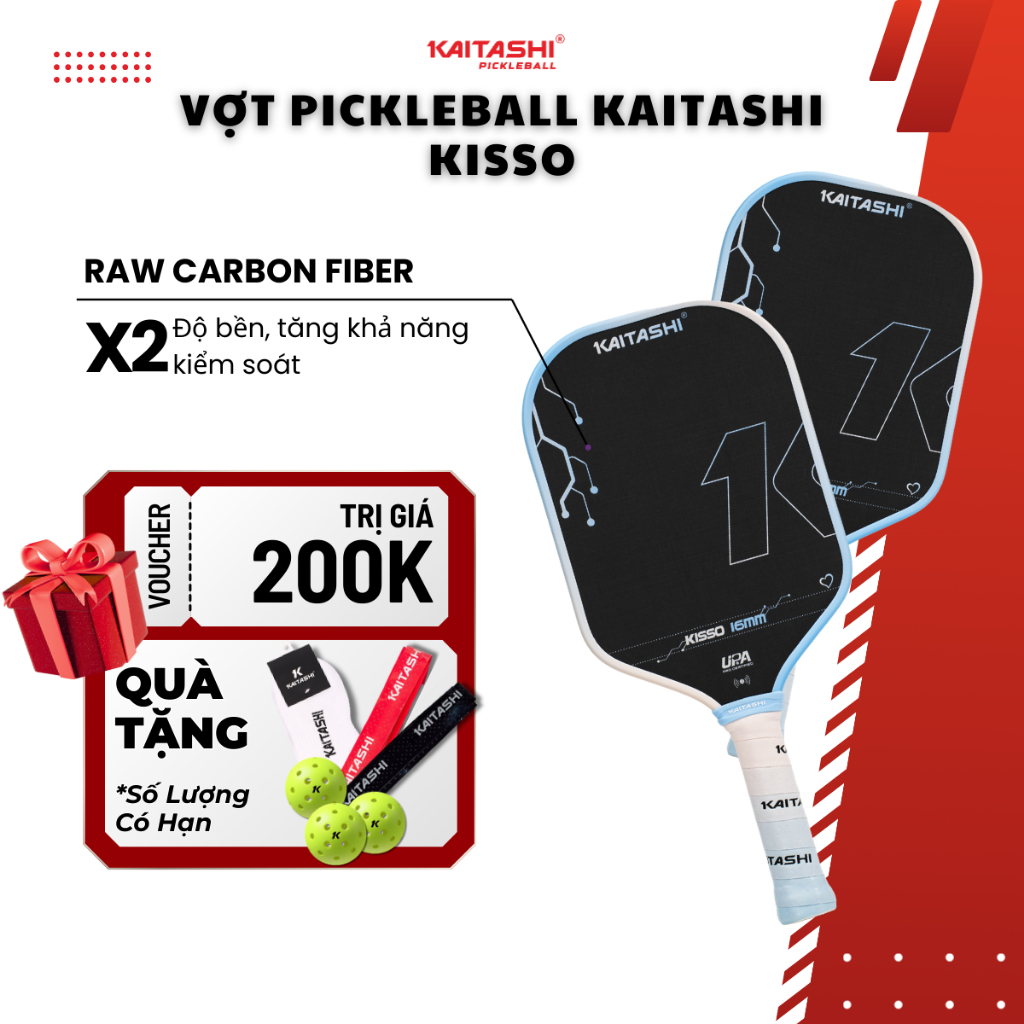 Vợt Pickleball Kaitashi KISSO Raw Carbon Fiber, Kiểm Soát Tốt, Giảm Rung Êm Tay, Thi Đấu & Luyện Tập