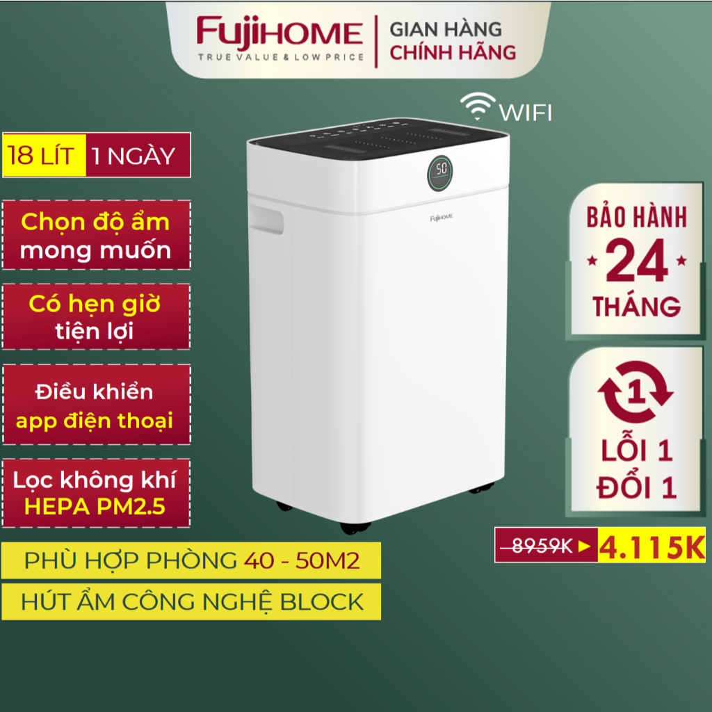 Máy hút ẩm không khí FUJIHOME kết hợp lọc không khí bụi mịn HEPA pm2.5 điều khiển qua app