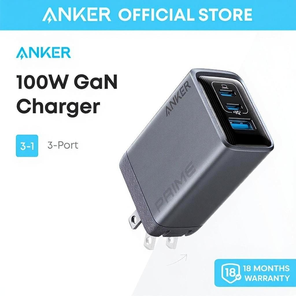 Anker Prime Charger, 100W 3-Port GaN USB C Charger Block Foldable and Compact A2688