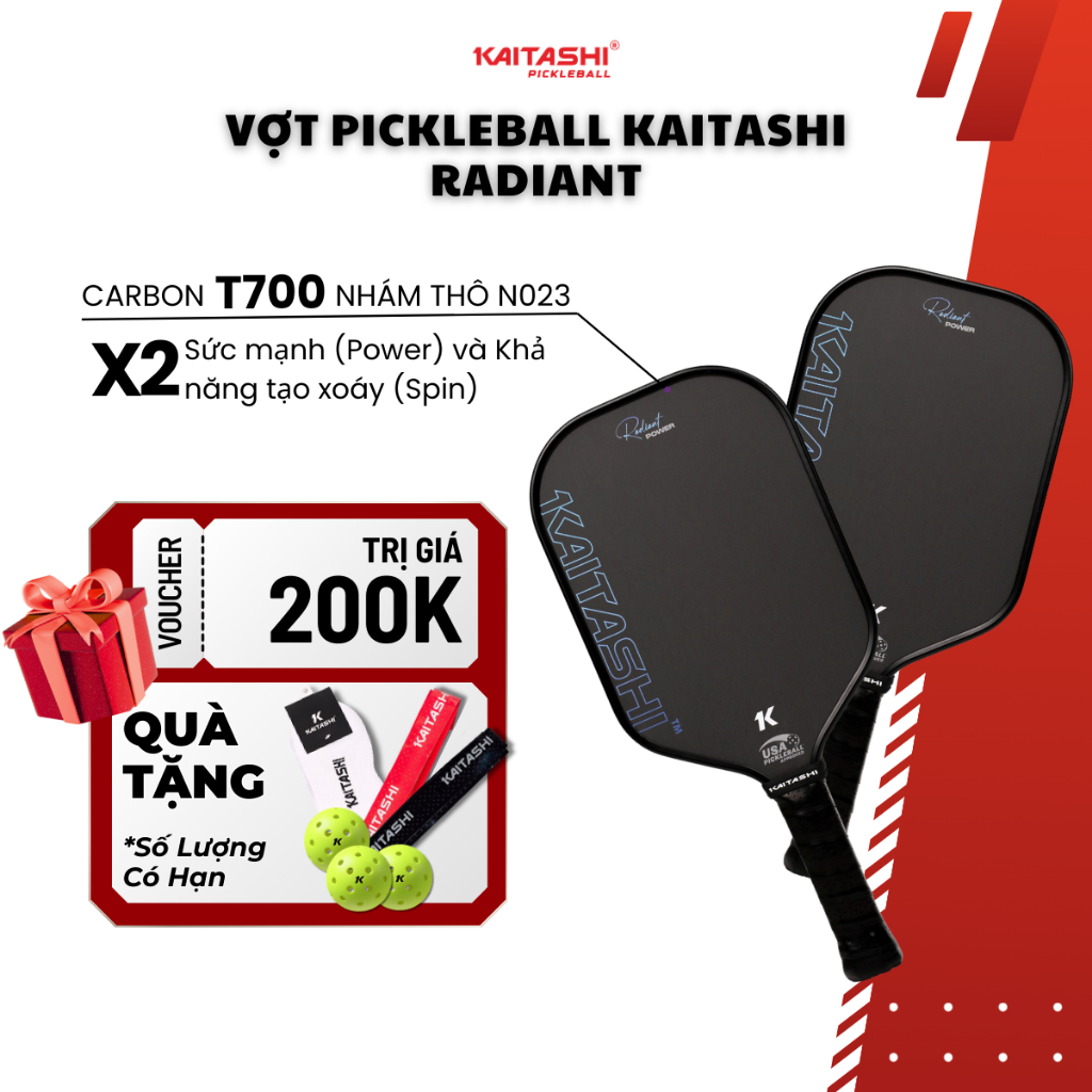 Vợt pickleball Kaitashi Radiant , Carbon T700 nhám N023 , Lõi PP Honeycomb , Kiểm soát & lực mạnh