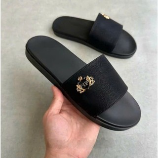 [Khâu Quai] Dép nam quai da logo vương miện QP quai da- khâu quai chắc chắn size 38-43