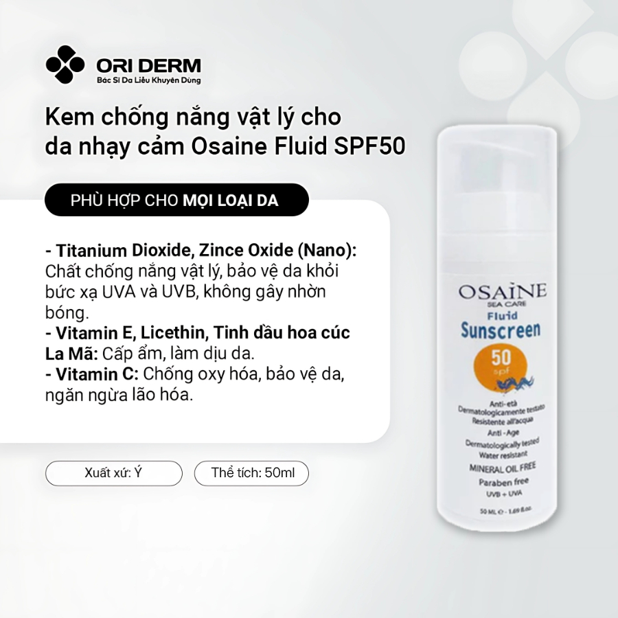Kem dưỡng da chống nắng Osaine Fluid Sunscreen SPF50+ 50ml - Ngăn dầu mụn trắng sáng da tự nhiên
