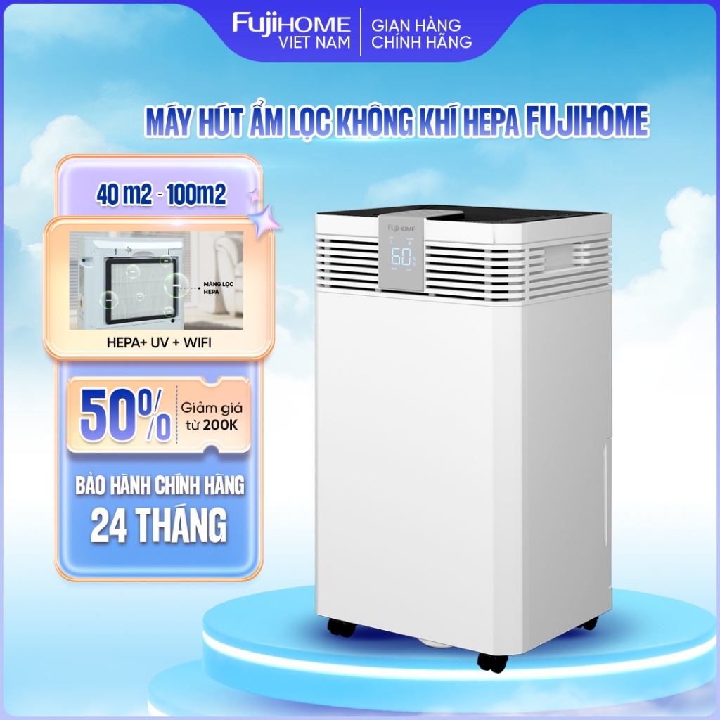 Máy hút ẩm công suất lớn 40-100m2 FUJIHOME DH60W kèm lọc không khí HEPA ,diệt khuẩn UV, kết nối Wifi