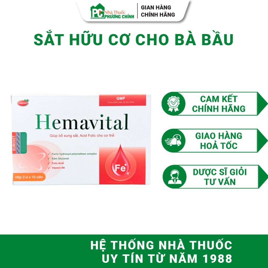 Sắt Hữu Cơ Cho Bà Bầu Eurovit Hemavital - Hỗ Trợ Giảm Nguy Cơ Thiếu Máu Do Thiếu Sắt 30 Viên/Hộp