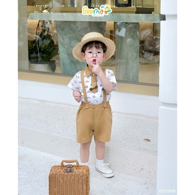 Set sơ mi cộc kèm đai Beemo cà vạt cài ghim hình ô tô vải thô mềm mai cho bé đi học, đi chơi 6021SHB
