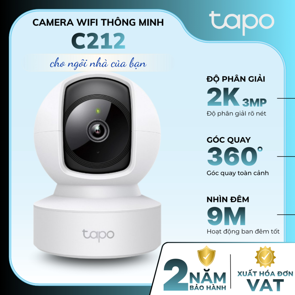 Camera wifi trong nhà Tp-Link Tapo C212 | Độ phân giải 3MP, Đàm thoại hai chiều, Quay 360 độ