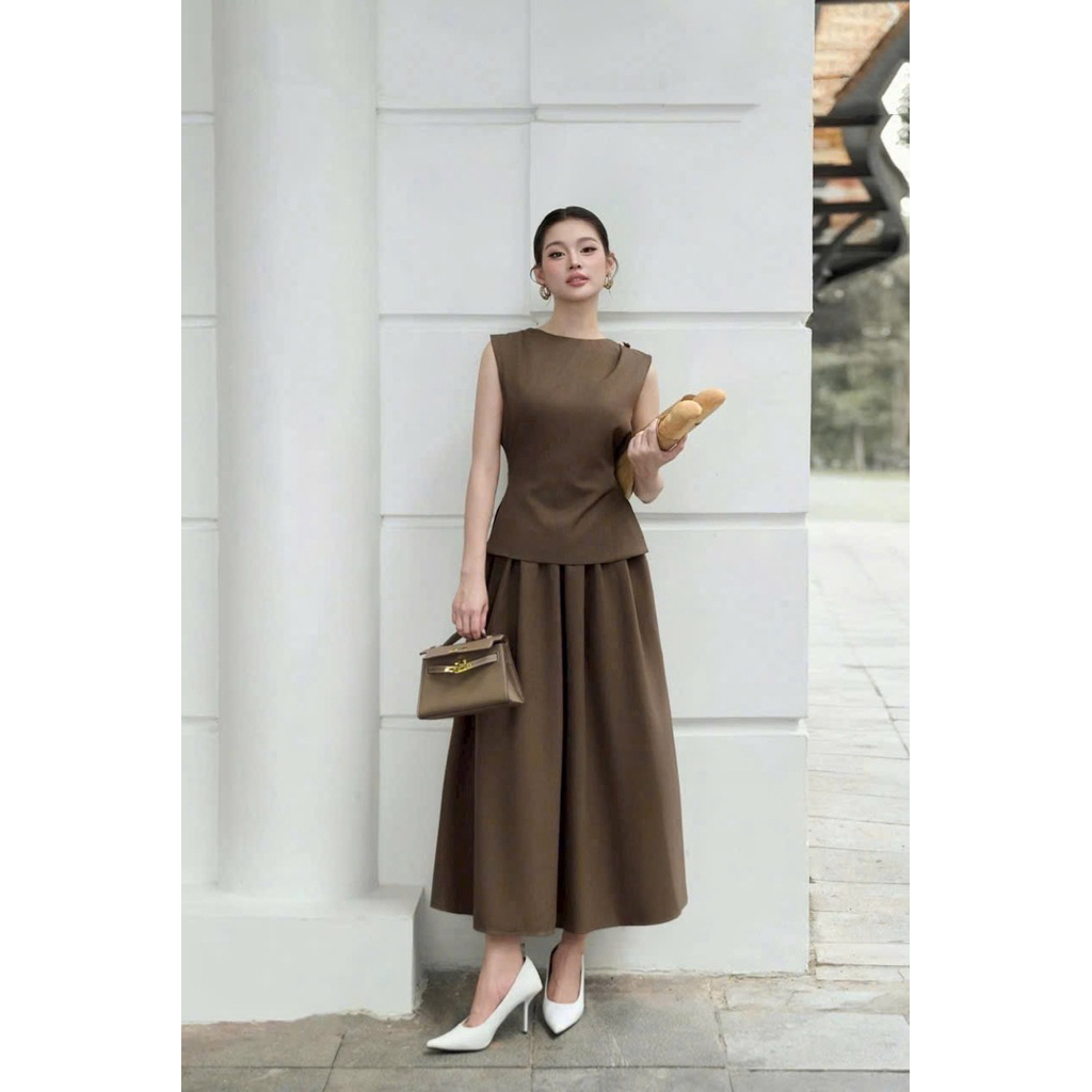 Hion Store - HÀNG LOẠI 1 - Set áo nơ lưng + chân váy midi