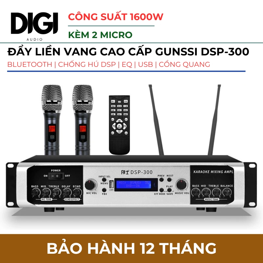 Đẩy liền vang Gunssi DSP300, cục đẩy công suất liền vang kèm micro, âm thanh mạnh mẽ, chống hú rít, 