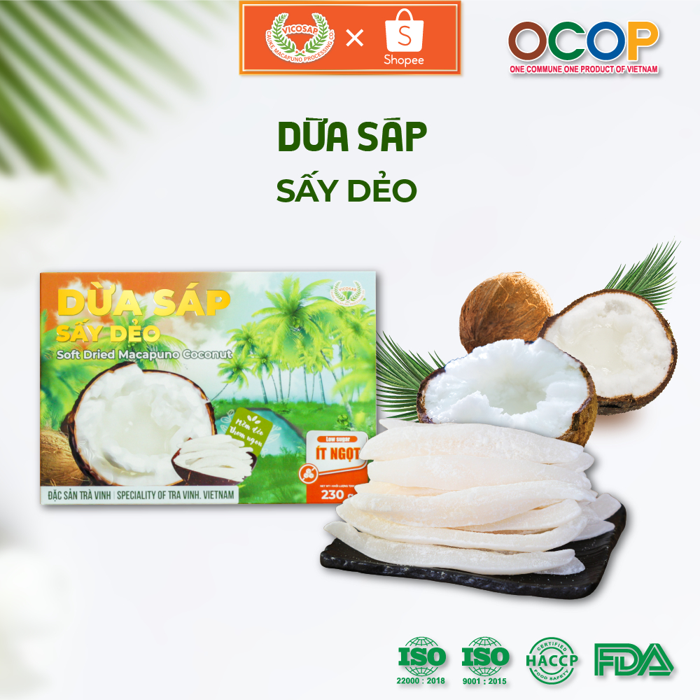 Dừa sáp sấy dẻo cao cấp VICOSAP nguyên chất ít ngọt béo thơm đặc sản Trà Vinh 230g