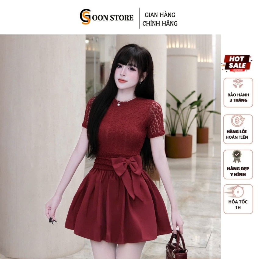 Váy Tiểu Thư Dáng Xòe Phối Ren Tay Ngắn, Đầm Dự Tiệc Nữ Thắt Nơ Eo Cao Cấp Goon Store