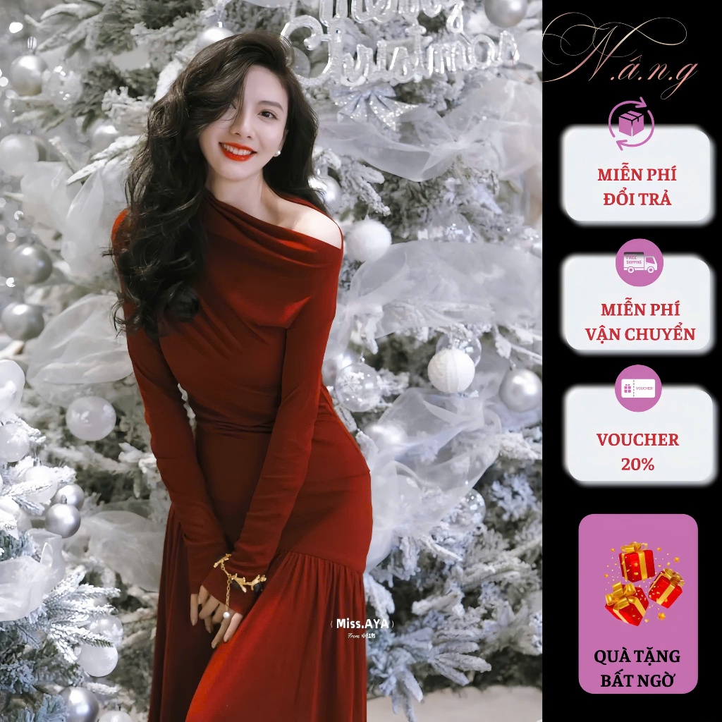 Đầm maxi dáng dài dự tiệc lệch vai có tay màu đỏ đô phong cách trẻ trung, váy dự tiệc màu đỏ trễ vai