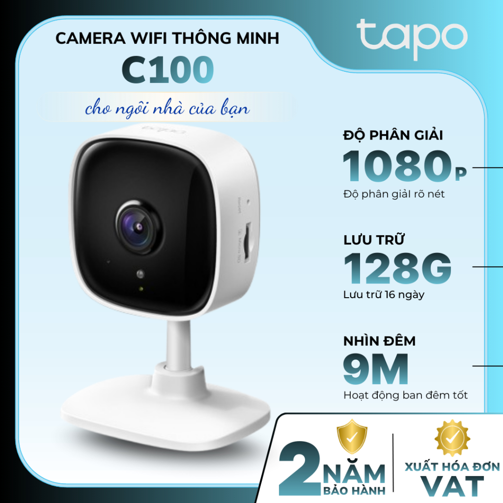Camera WiFi Trong Nhà TP-Link Tapo C100 | Phân giải Full HD, Nhìn Đêm 9 mét, Phát Hiện Chuyển Động